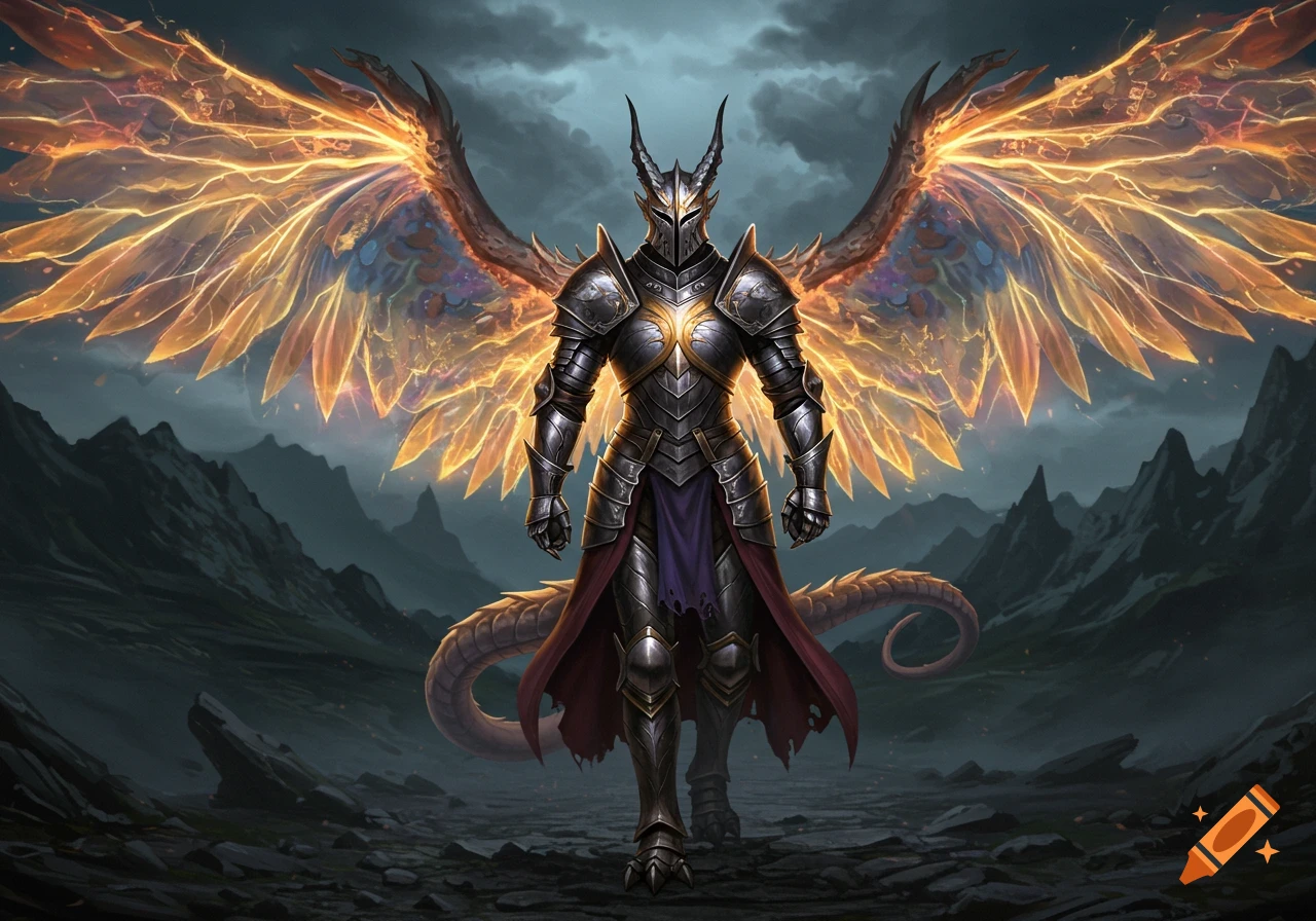 Image of a dragon knight in shiny armor with fiery wings and a tail, standing in a rocky landscape.