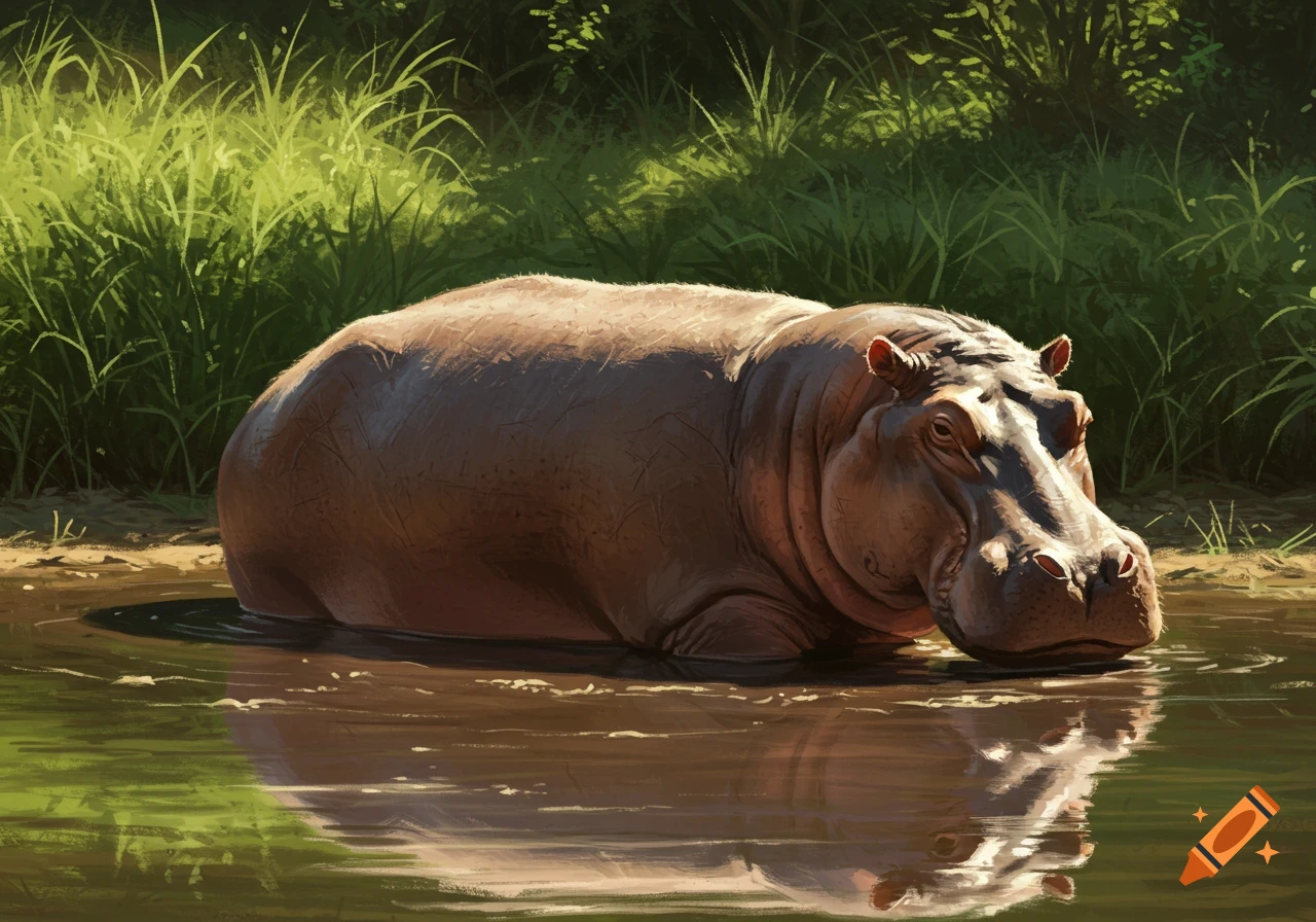 A hippo in muddy water with greenery in the background.