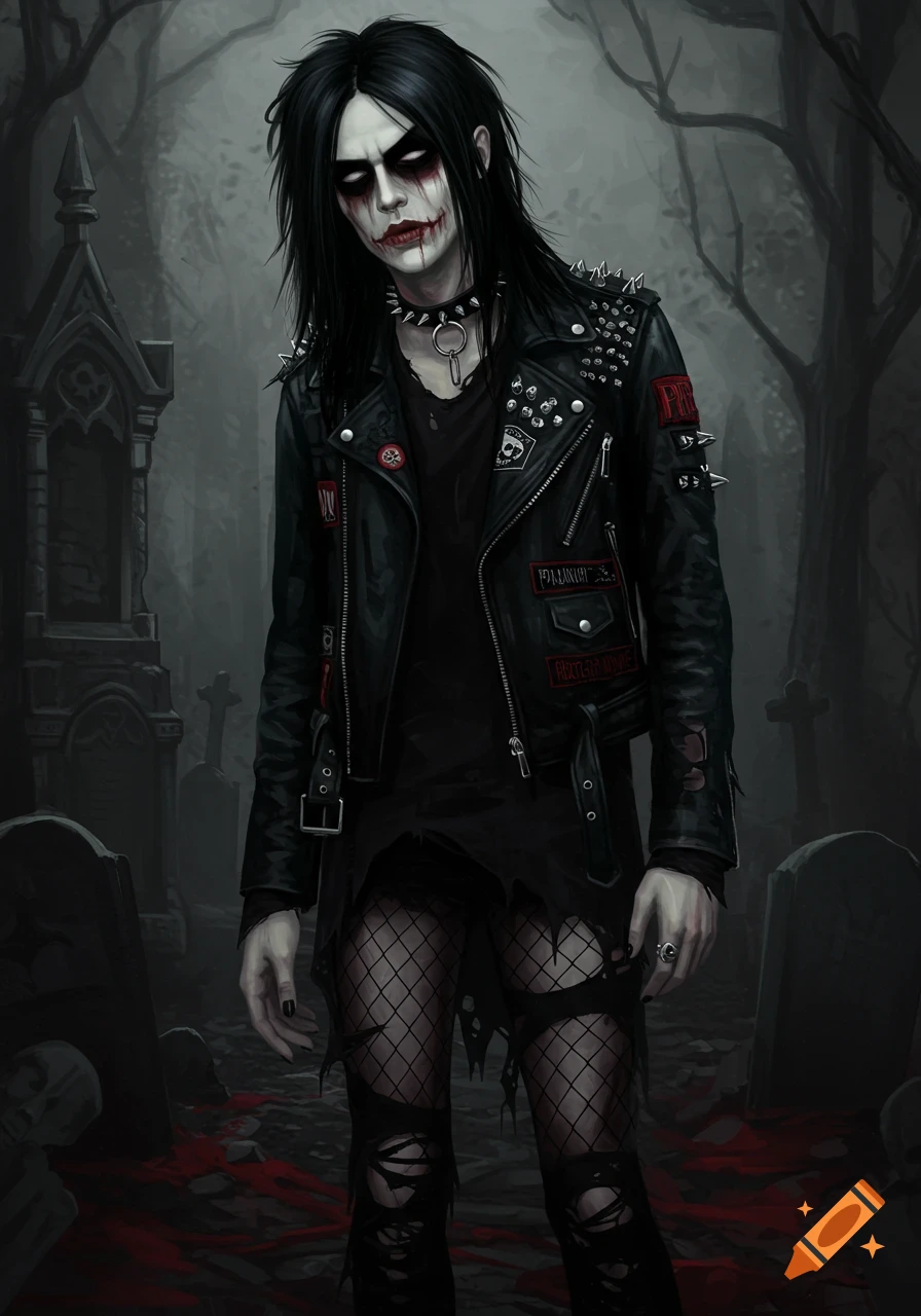 A gothic emo zombie stands in a graveyard.