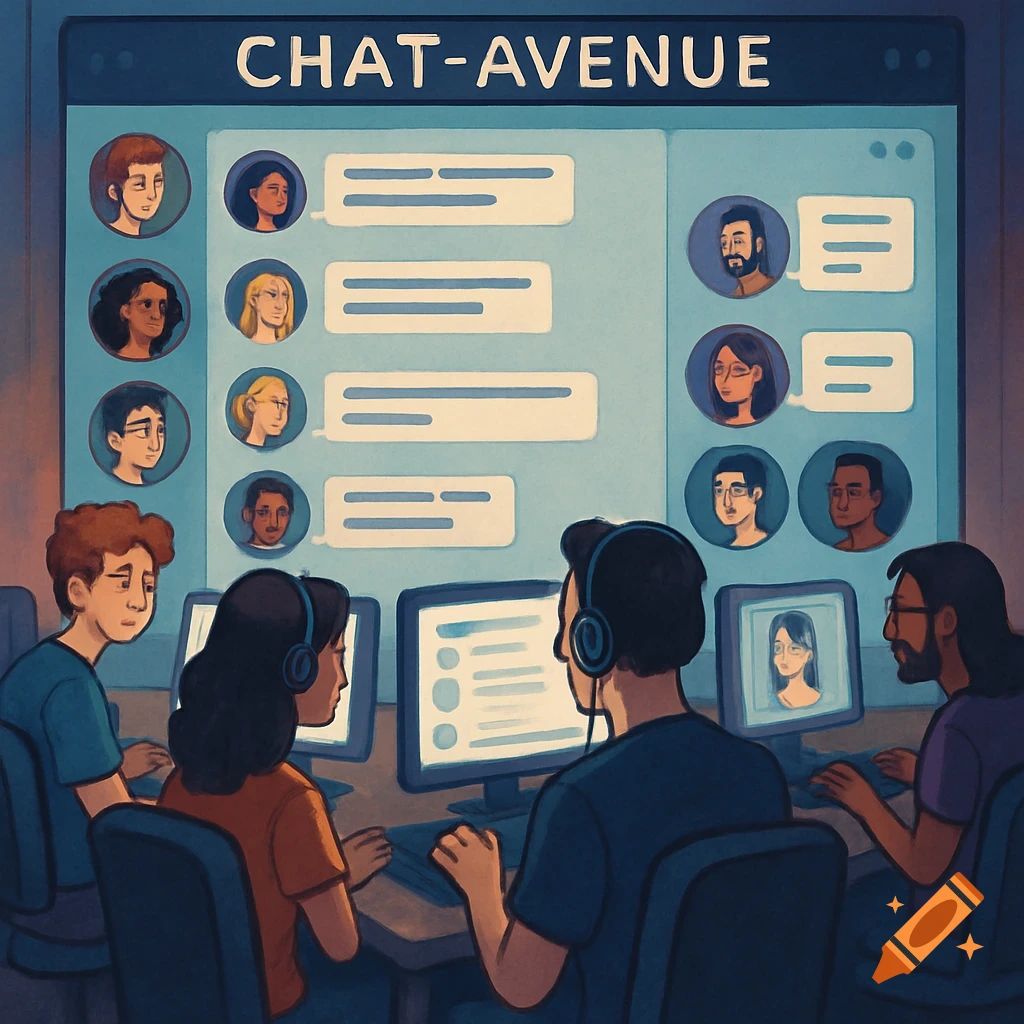 People are shown sitting at computers, looking at an online chatroom interface labeled CHAT-AVENUE.
