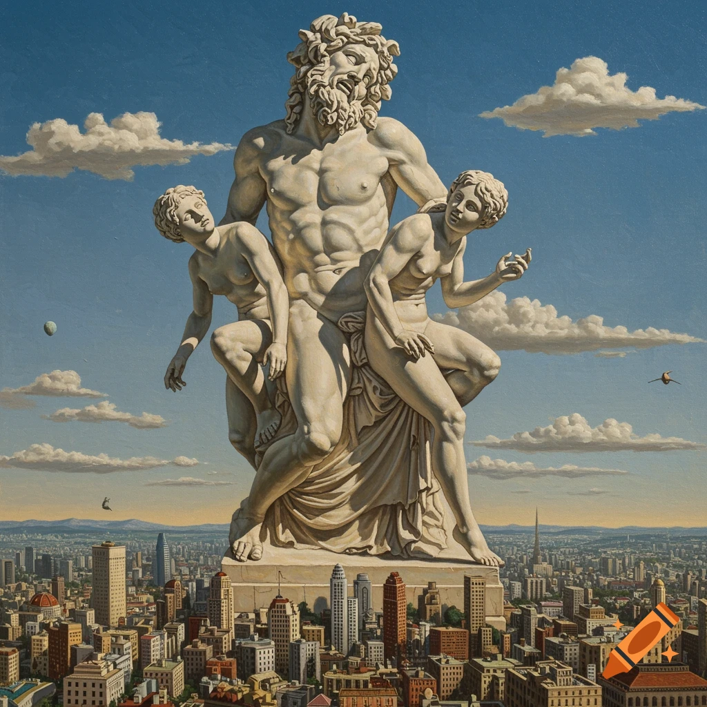 Surreal painting of a giant classical sculpture on a cityscape under a blue sky with clouds.