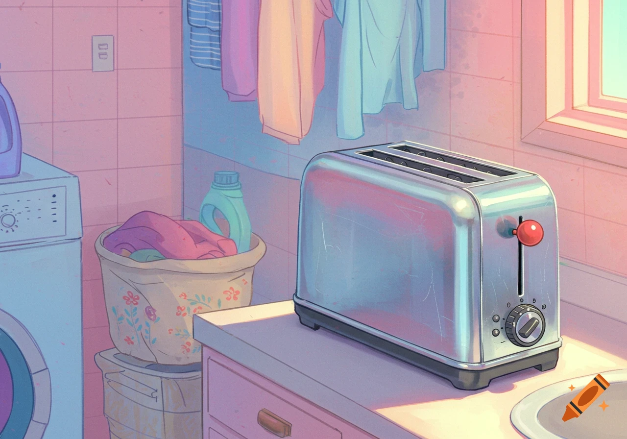 A chrome toaster sits on a counter in a sunlit laundry room next to a washing machine and laundry basket.