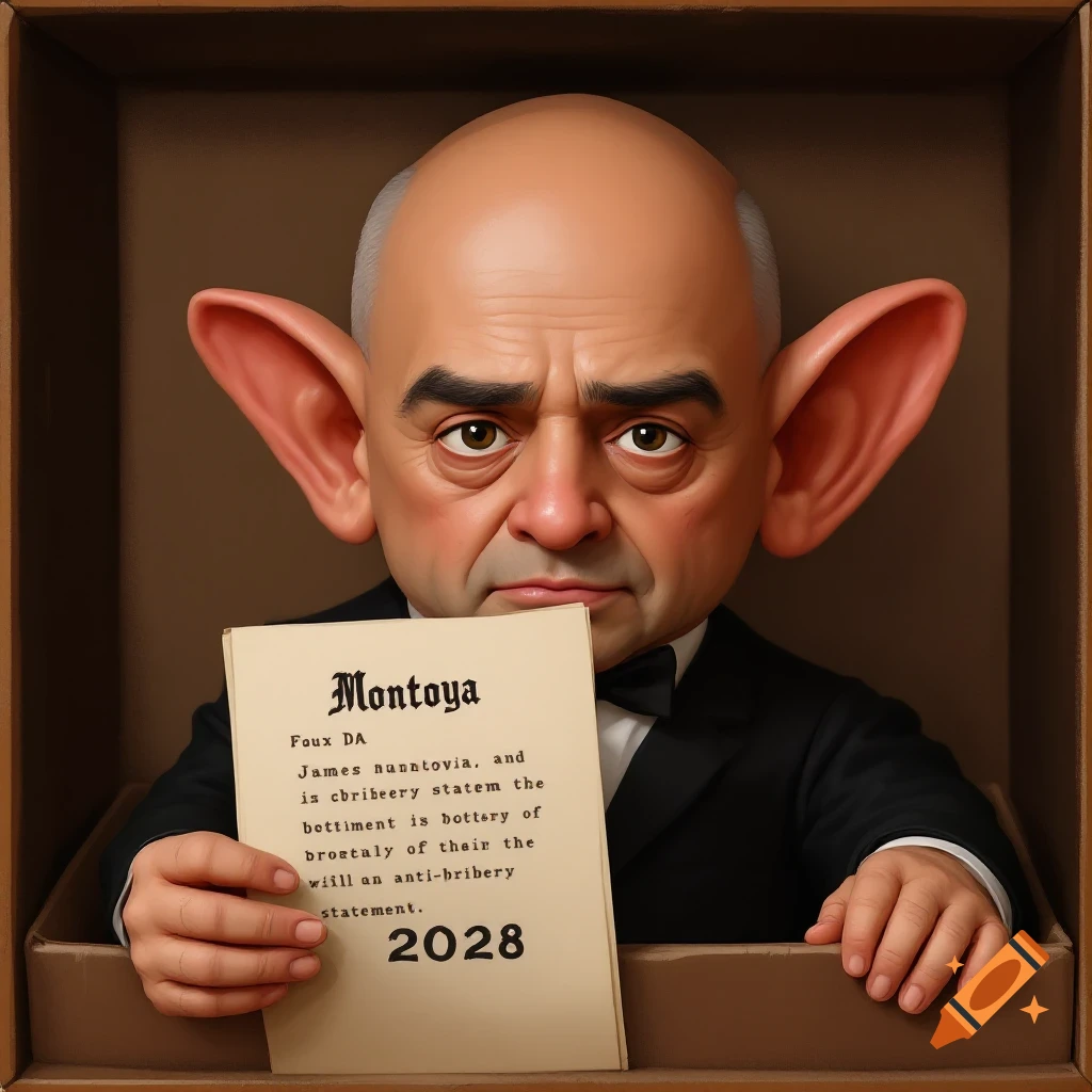 A caricatured man with big ears and a bald head, wearing a suit, sitting in a cardboard box and holding a paper with text.