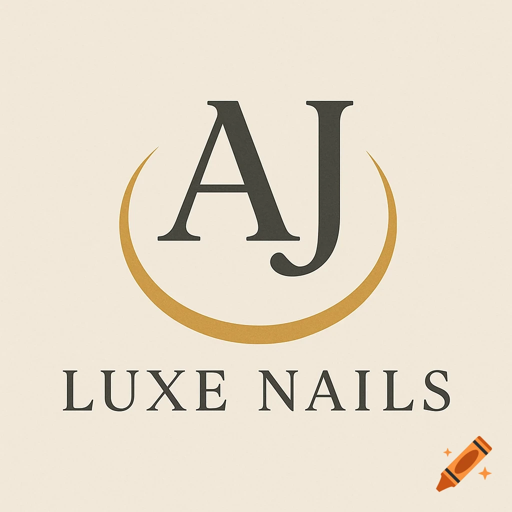 Logo with initials AJ above Luxe Nails text, enclosed by a curved gold arc.
