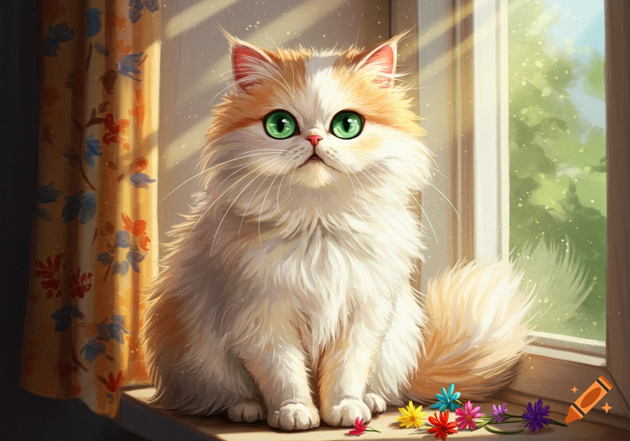 A fluffy orange and white cat with green eyes sits on a sunlit windowsill.