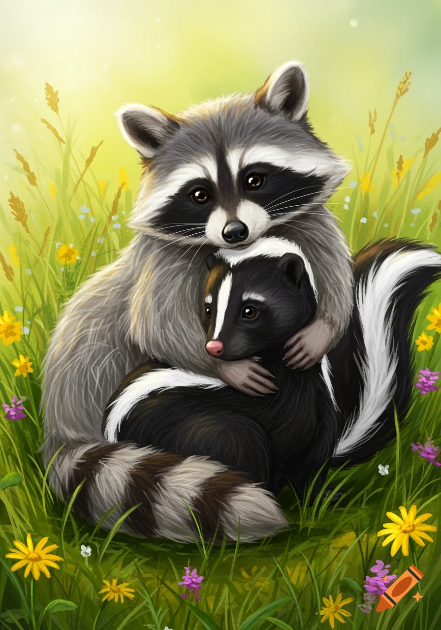 An image of a raccoon hugging a skunk in a grassy field with flowers