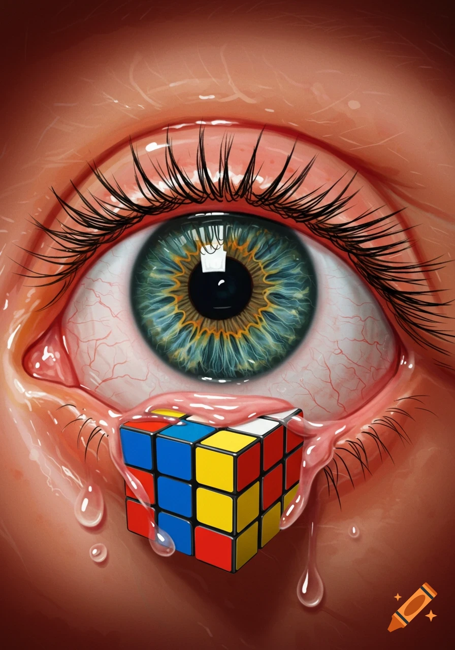 A red eye with a Rubik's cube below it, surrounded by tears.