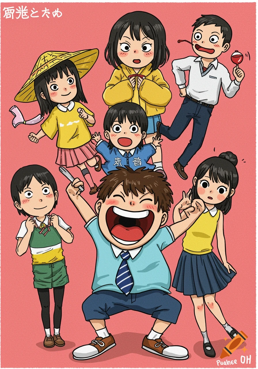 A group of cartoon or anime-style characters, including children and adults, in various poses and colorful clothing on a pink background.