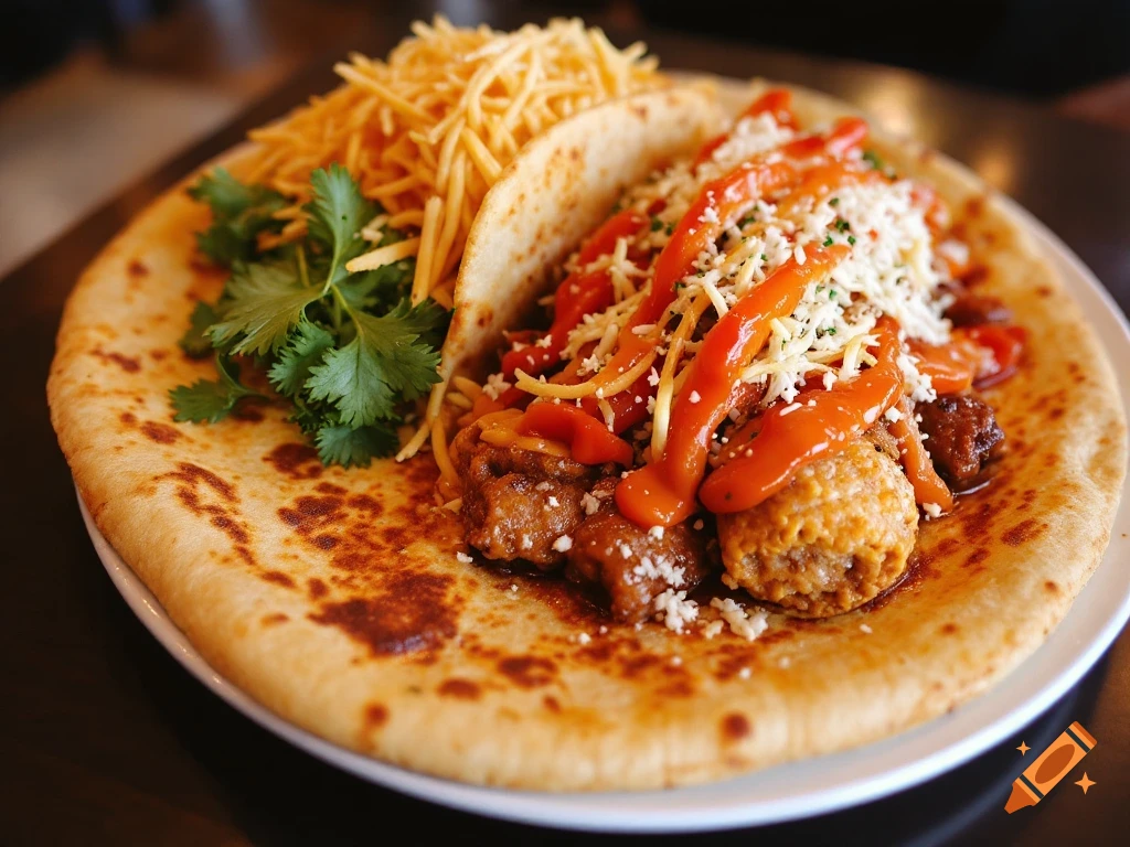 Close-up of a taco or similar dish on flatbread with filling, sauce, cheese, and cilantro.