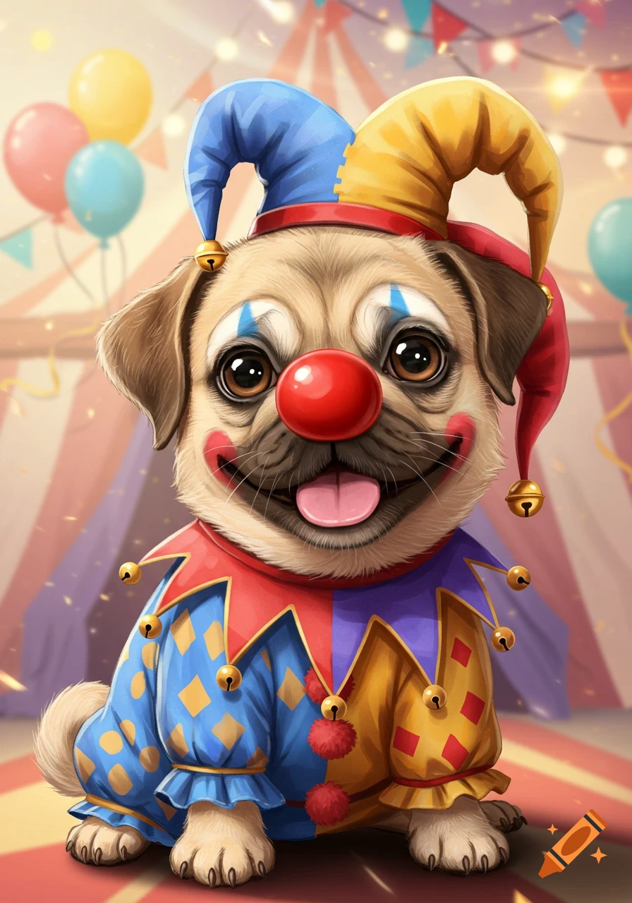 A pug dog in a clown costume with makeup in a circus tent.
