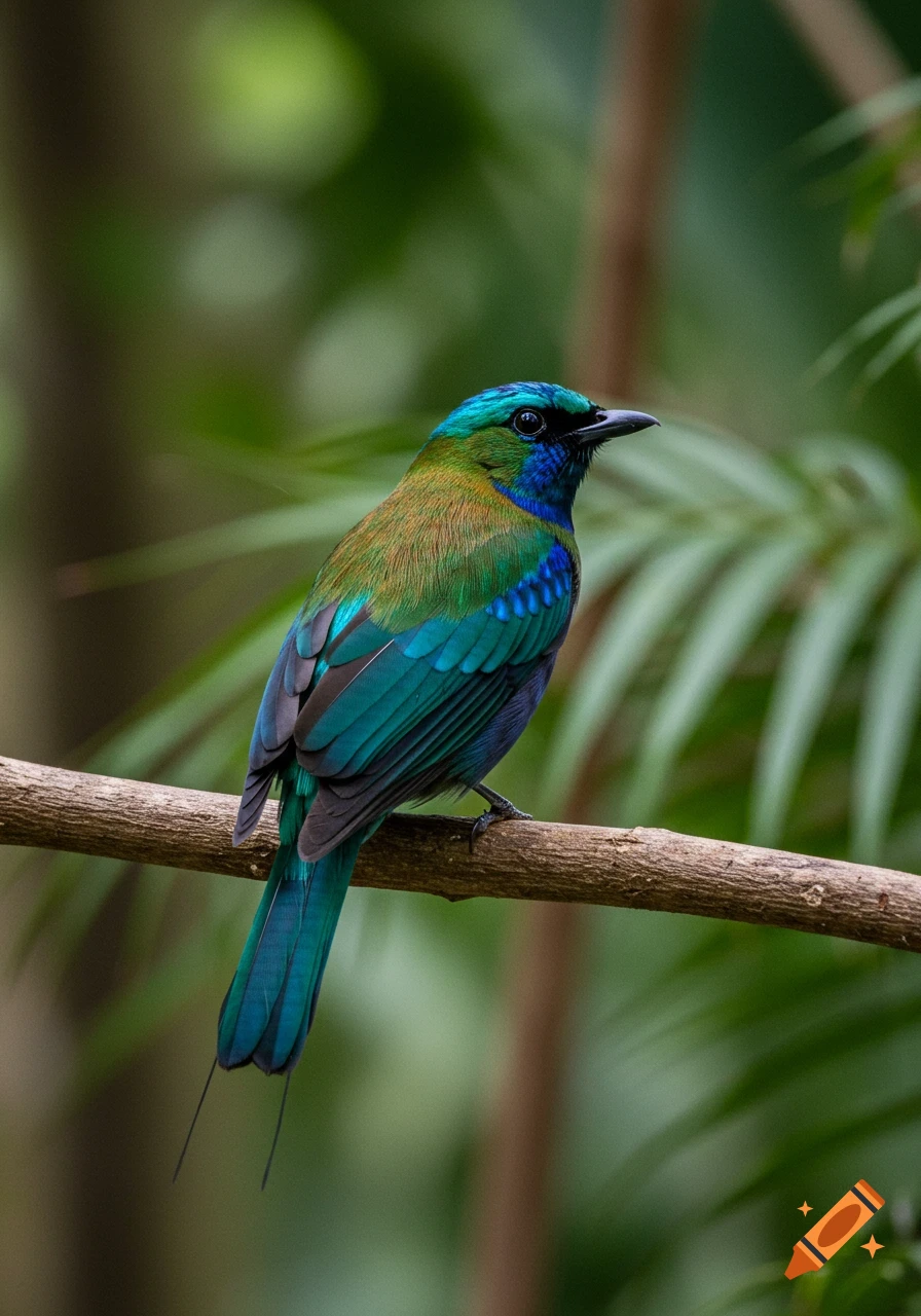 A colorful bird perches on a branch in a forest.