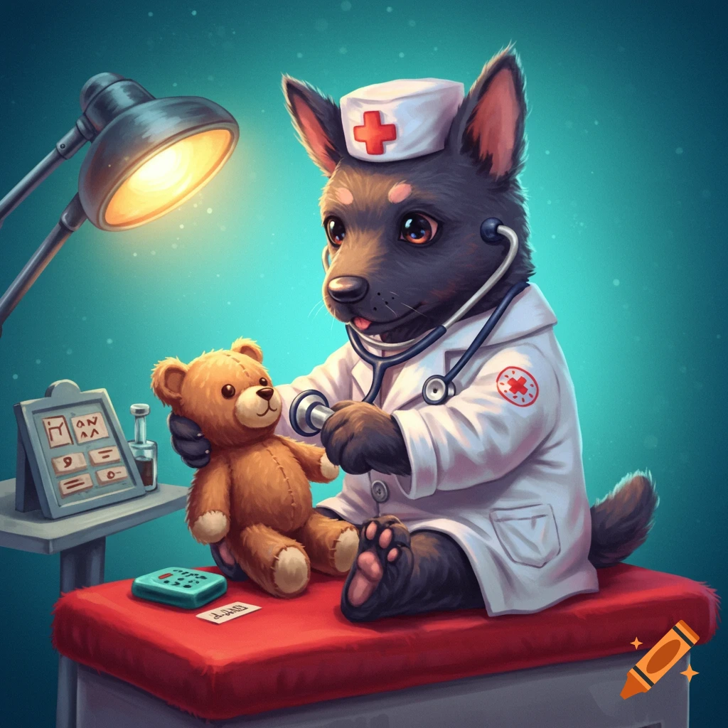 An illustration of a dog in a doctor's coat and hat examining a teddy bear on an exam table.