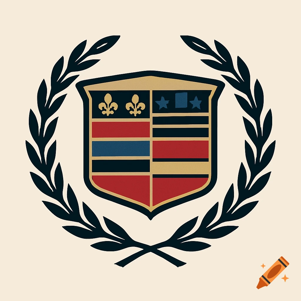 Stylized shield emblem with stars, stripes, and fleur-de-lis, surrounded by a laurel wreath.