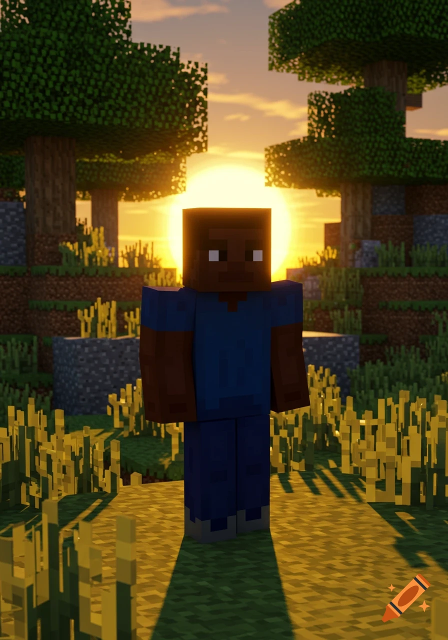 A black Minecraft character stands in a blocky landscape at sunset.