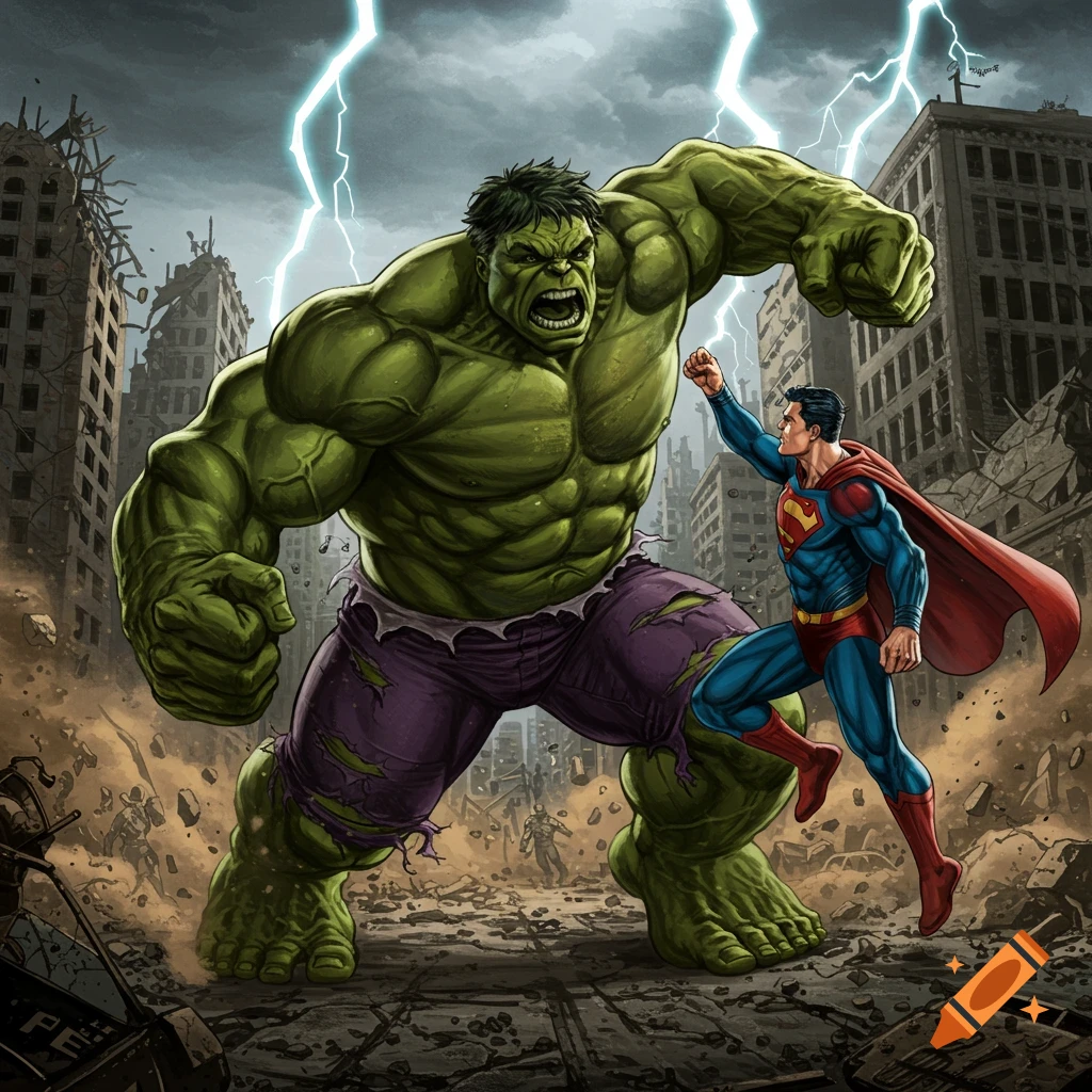 Hulk and Superman battle in a destroyed city with lightning.