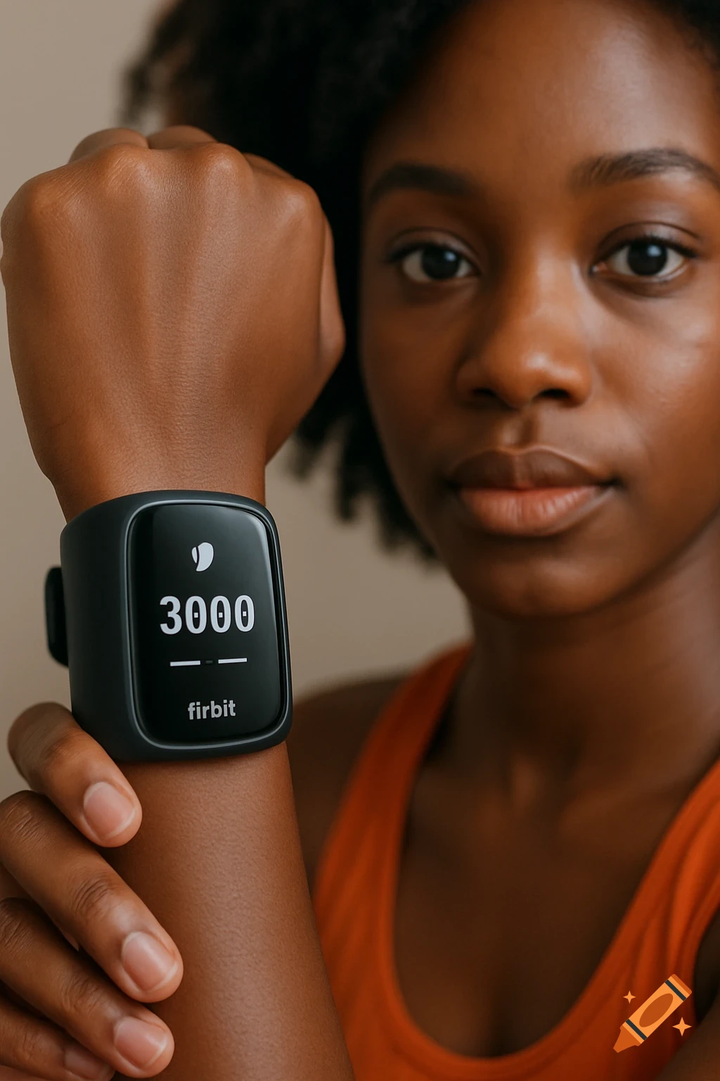 A black woman wearing a fitness tracker displaying 3000 steps.