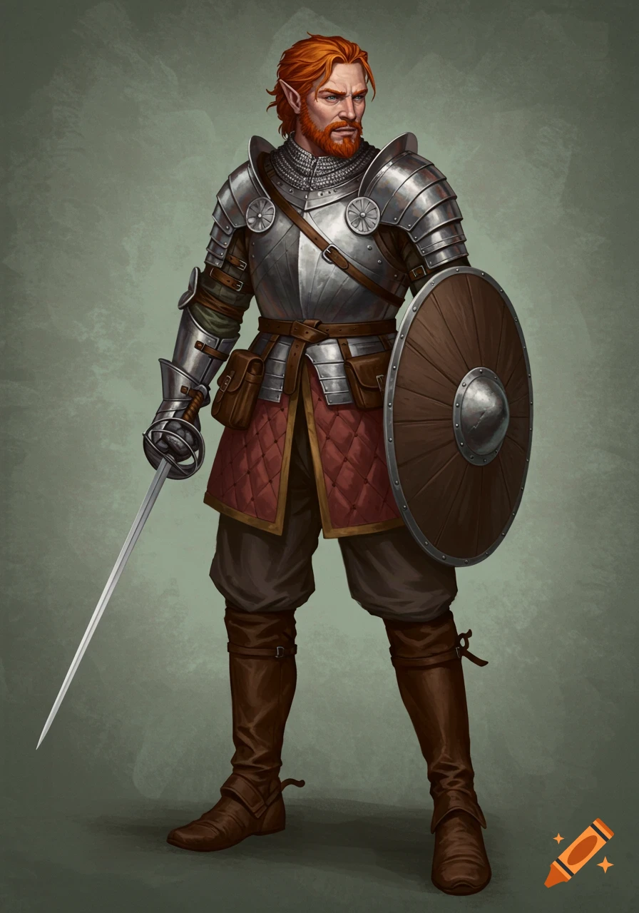 A red-headed fantasy fighter in armor with sword and shield.