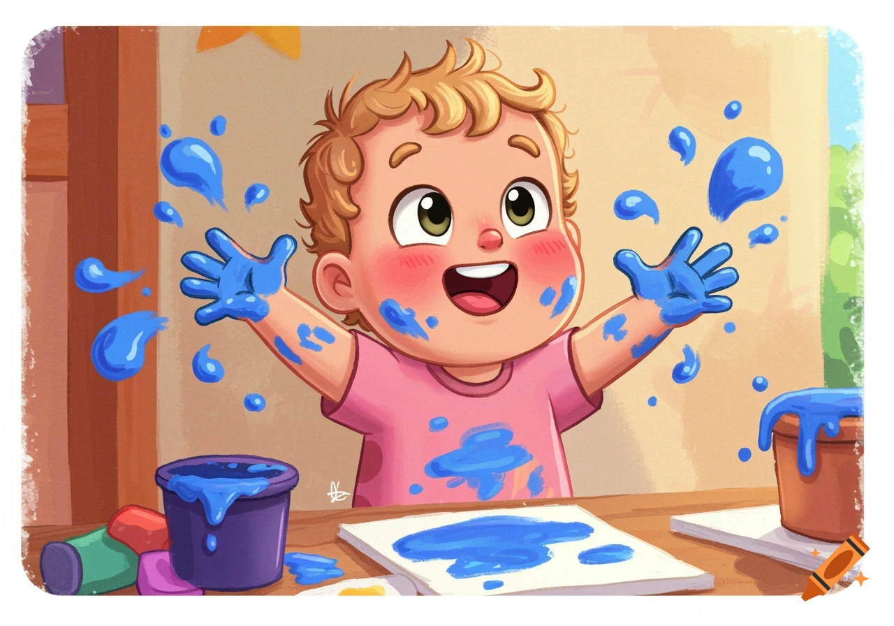 Child covered in blue paint creating art.