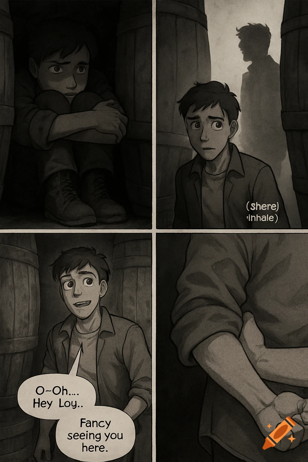 Grayscale comic panels show a young man hiding among barrels, then startled when another person appears.