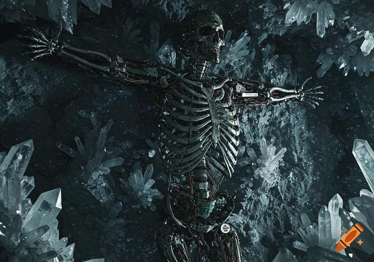 Mechanical skeleton crucified in a crystal cave. Sci-fi fantasy art.