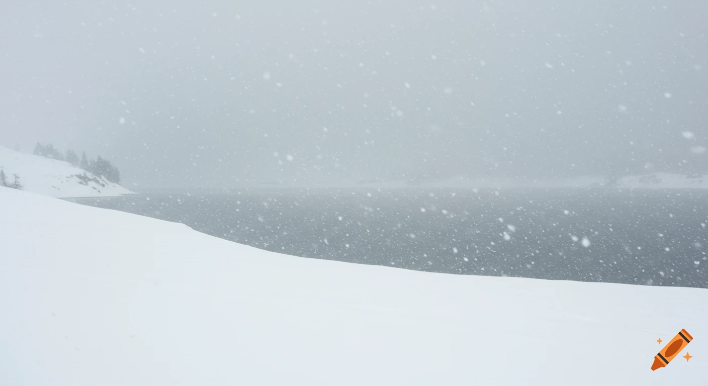 A snowy landscape with a lake under falling snow and a cloudy sky.