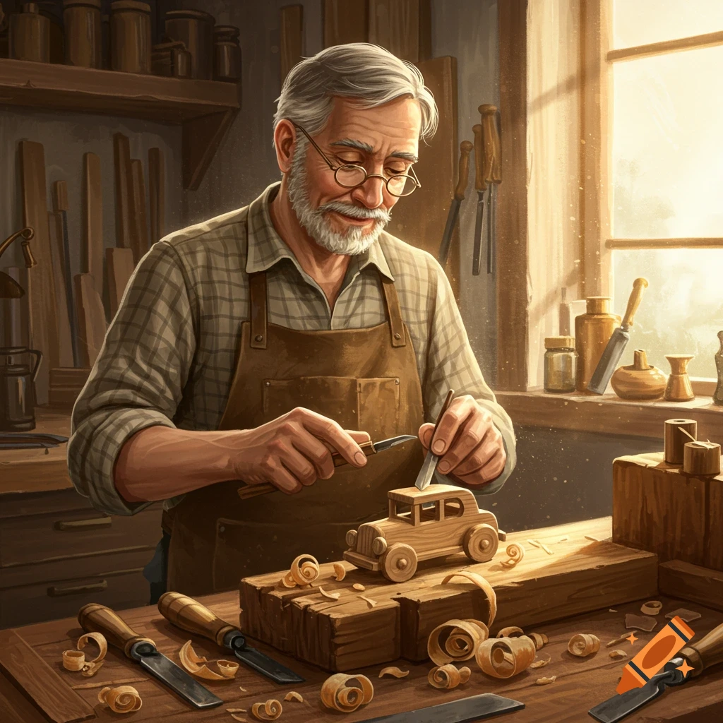 An old woodworker carves a toy wooden car in a sunlit workshop.