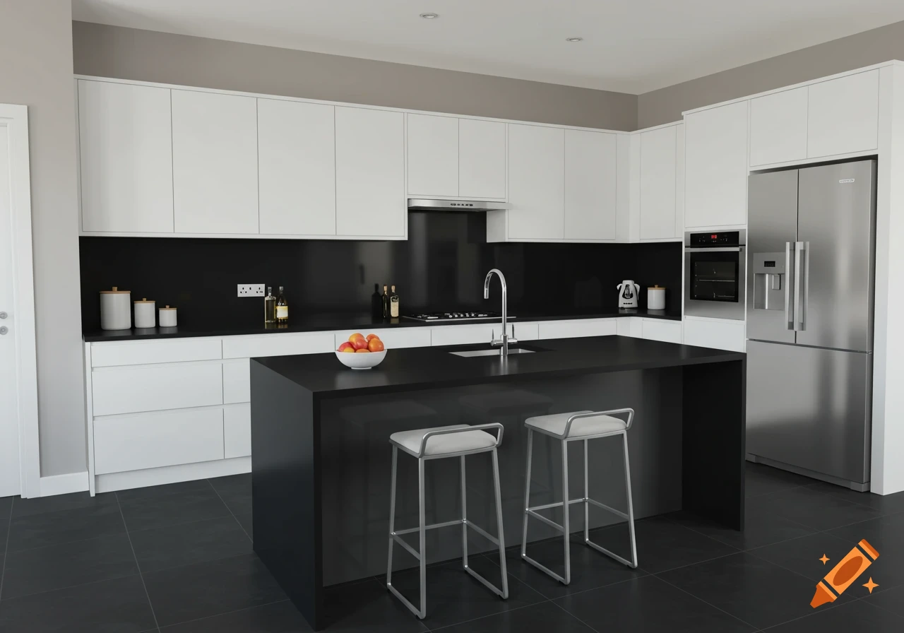 A modern kitchen with white cabinets, black countertops and island, stainless steel appliances, and grey floor tiles.