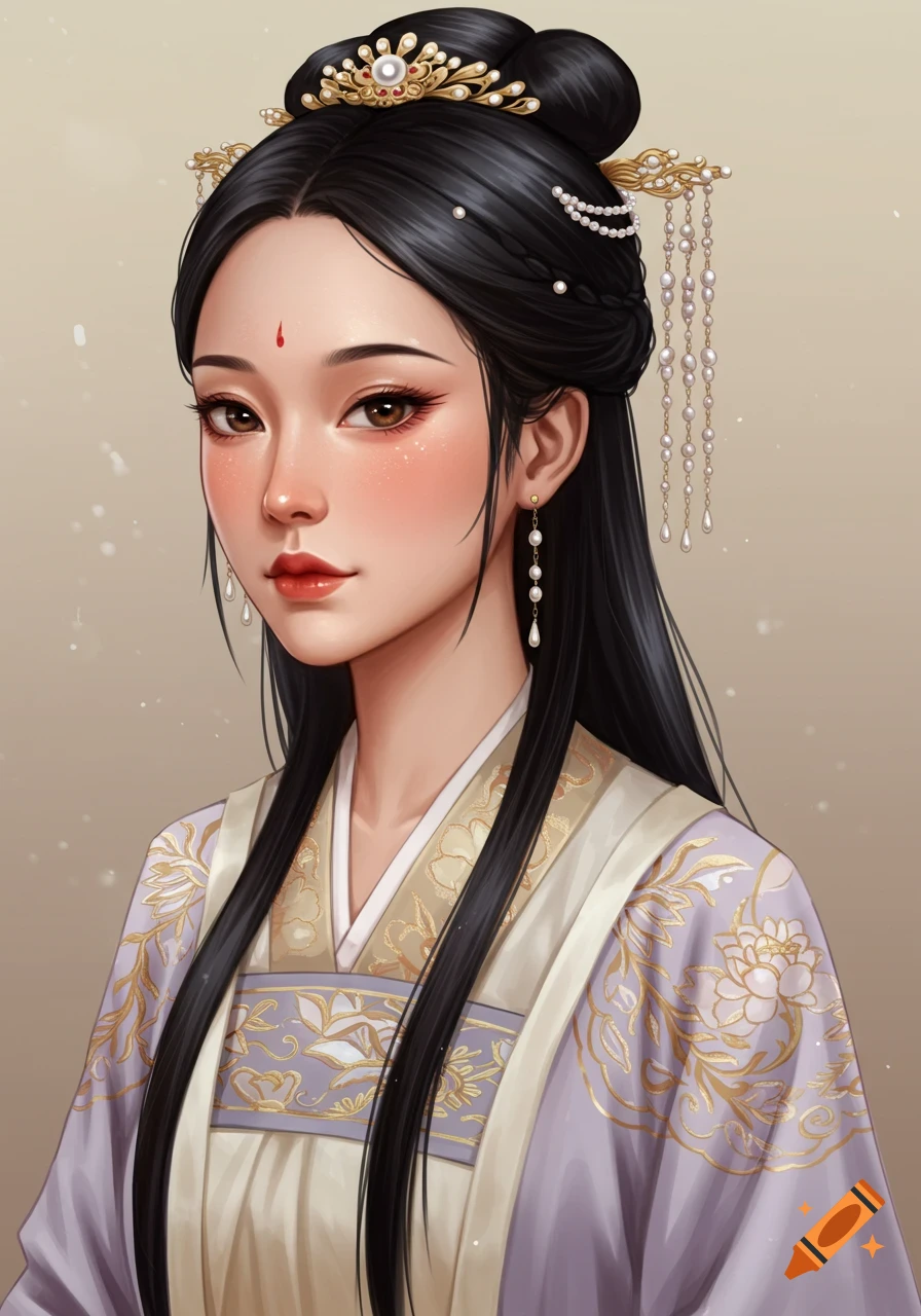 Portrait of a woman with elaborate hairstyle and pearl ornaments, wearing traditional asian clothing.