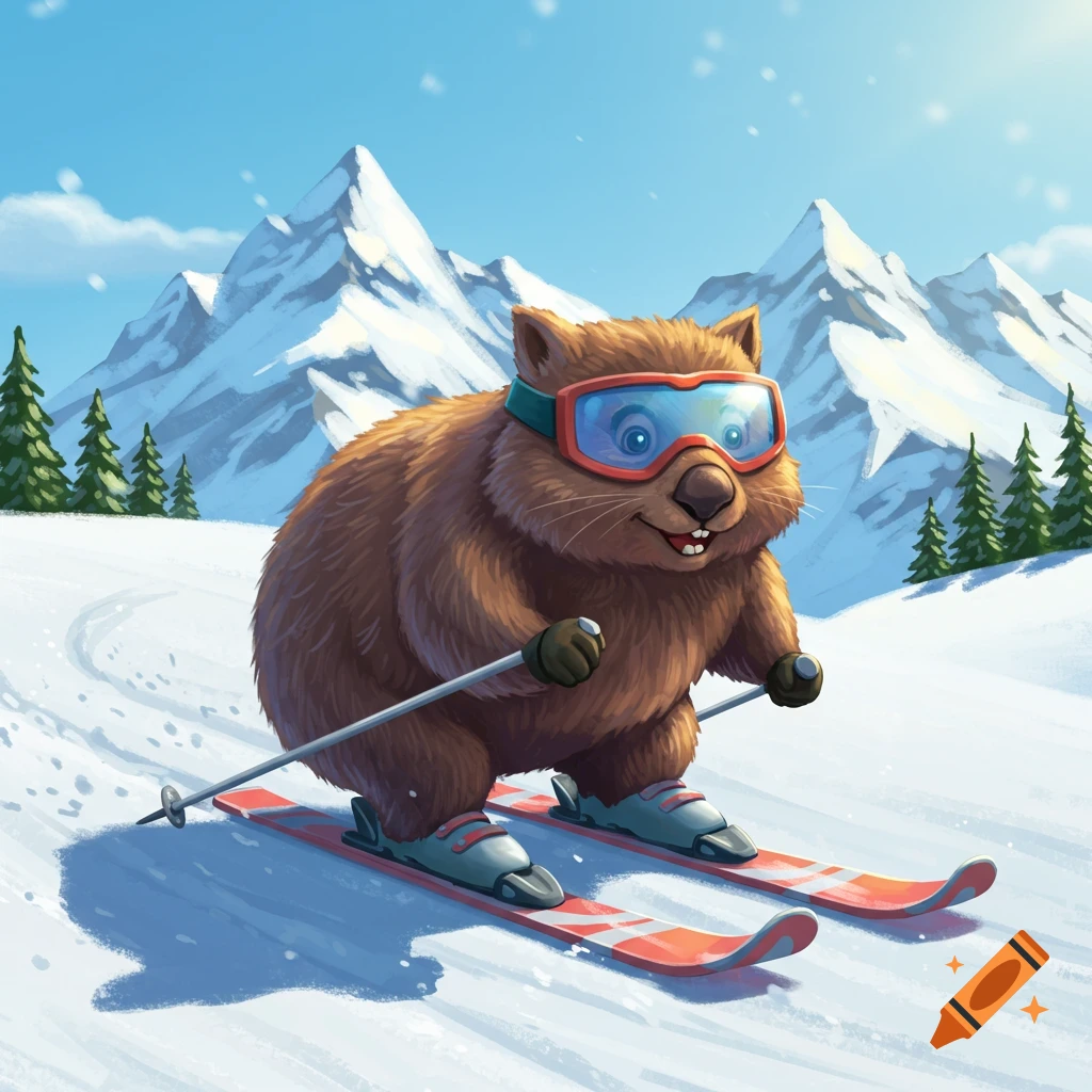 A cartoon wombat skis down a snowy mountain slope.