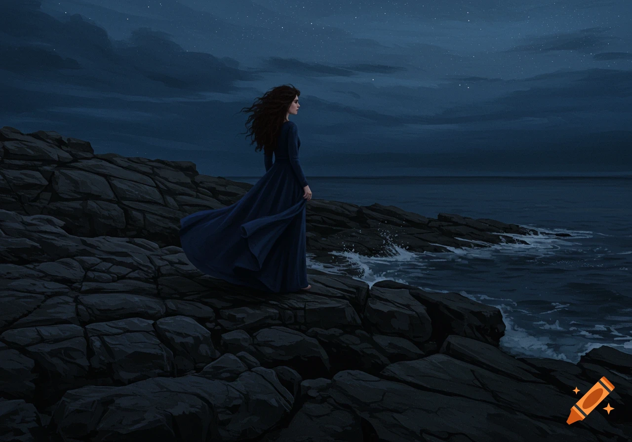 Painting of a woman in a flowing blue dress standing on rocks looking at the ocean under a starry night sky.