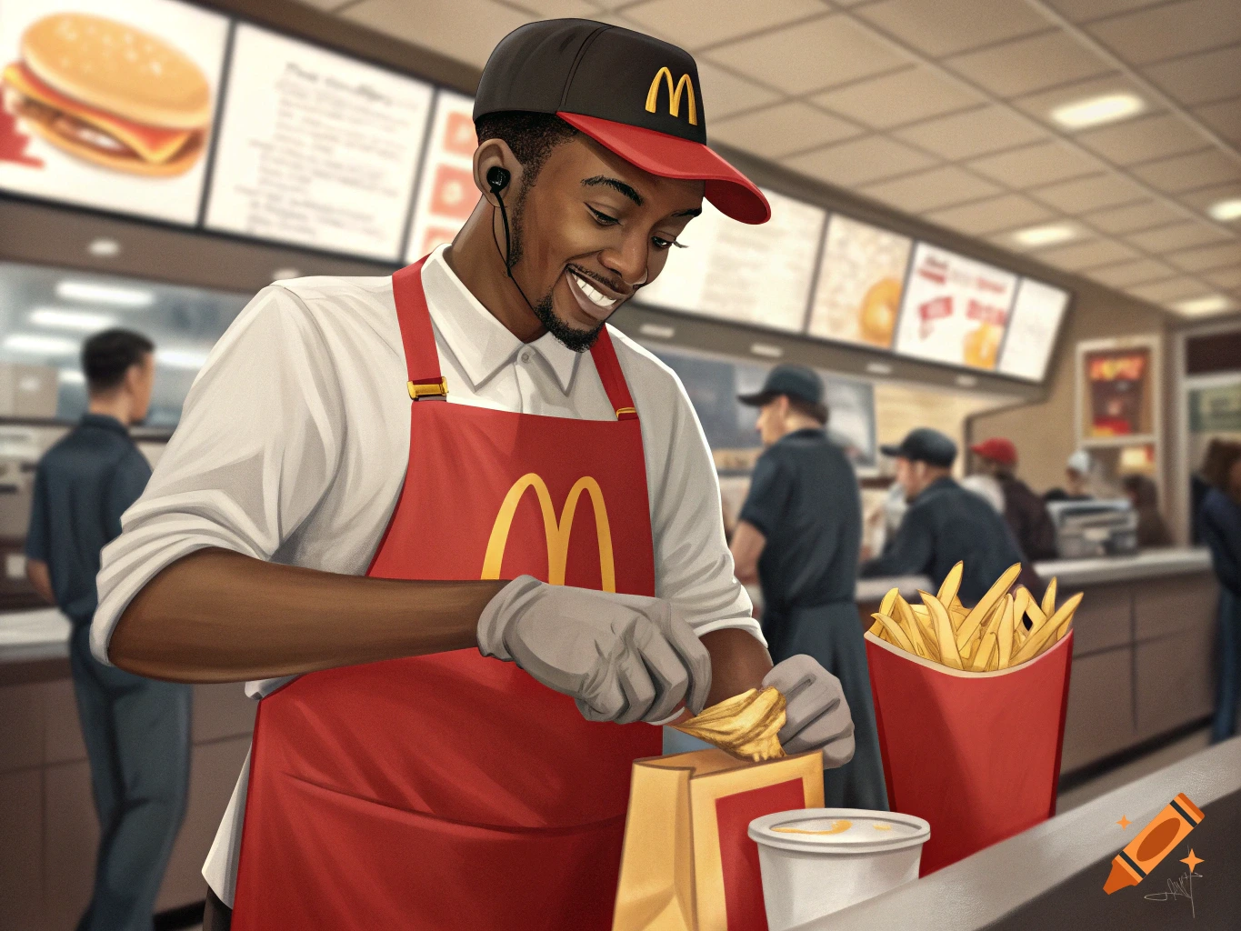 A man in a McDonald's uniform puts fries into a bag.