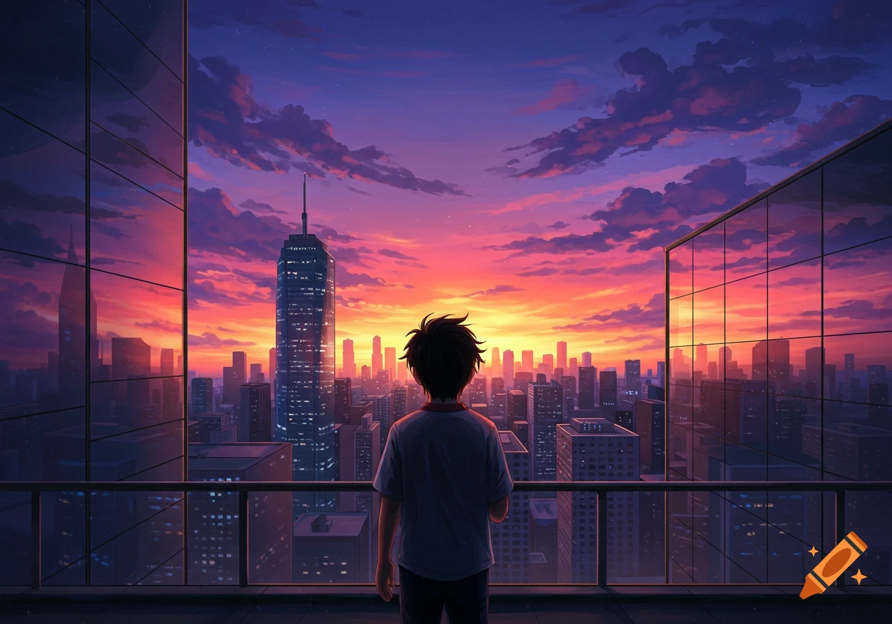 A person stands on a rooftop overlooking a city skyline at sunset, in an anime art style.