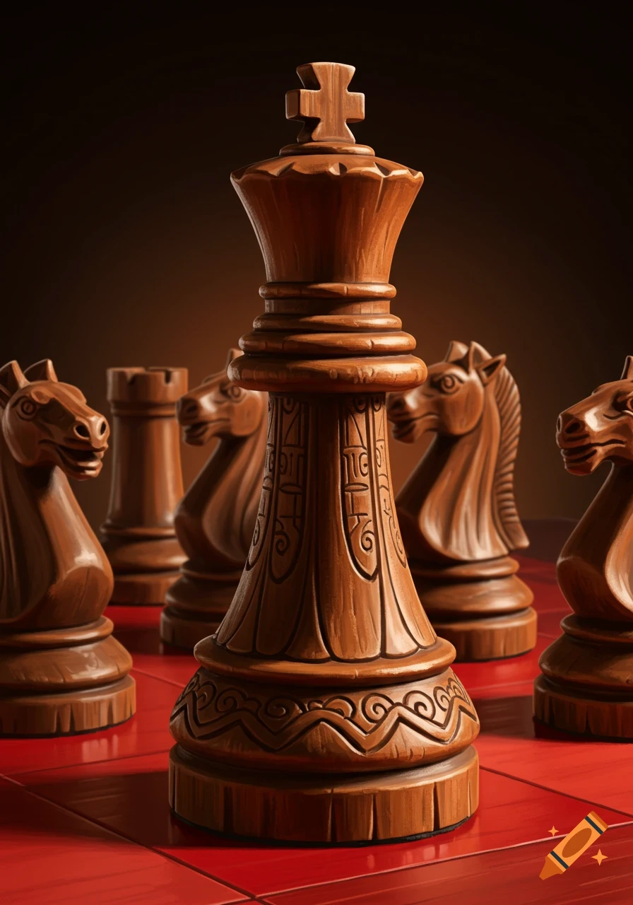 Close-up of a wooden Chinese chess king on a red board with other pieces.