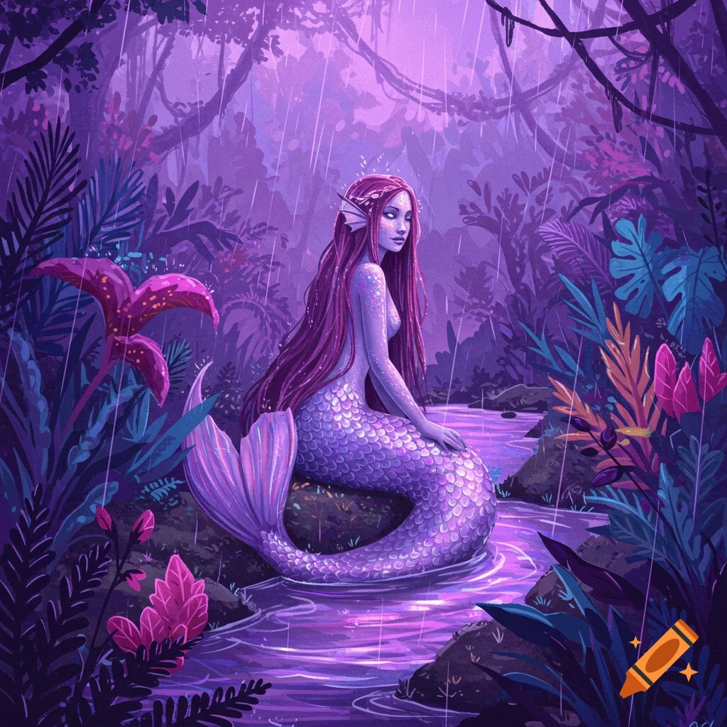A purple mermaid sits in a stream in a rainy jungle