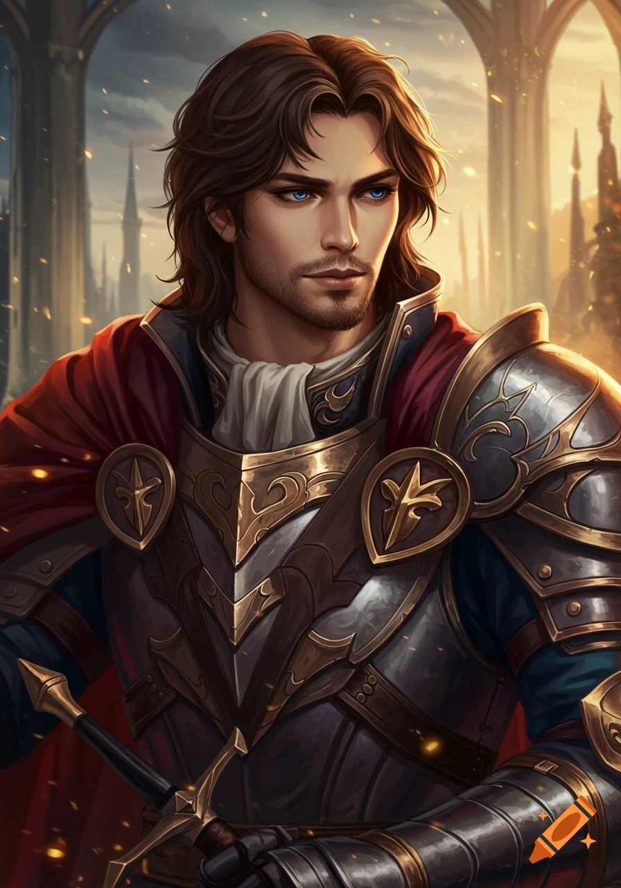 A man in fantasy armor holding a sword, with a castle background.
