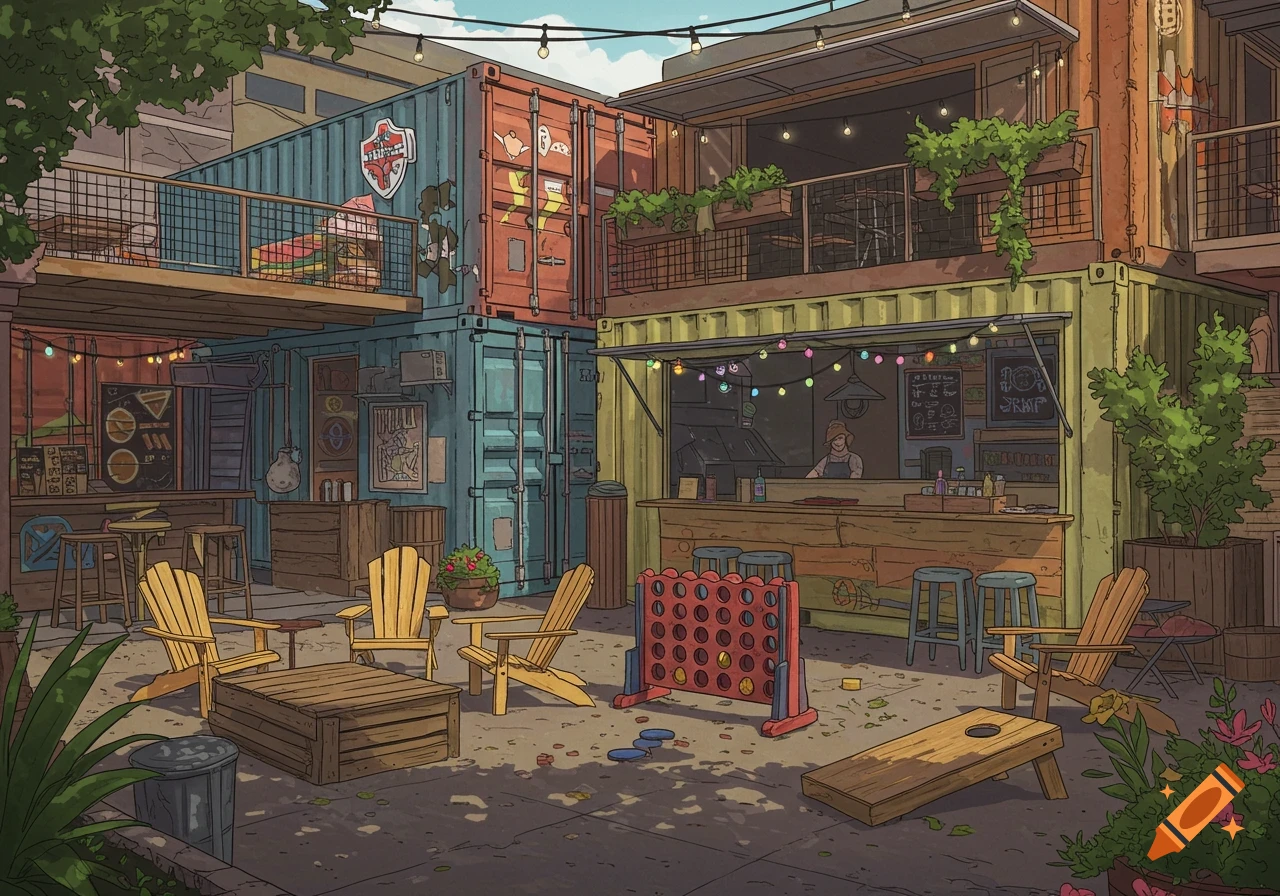 Illustration of an outdoor patio with shipping container buildings, chairs, tables, and games.