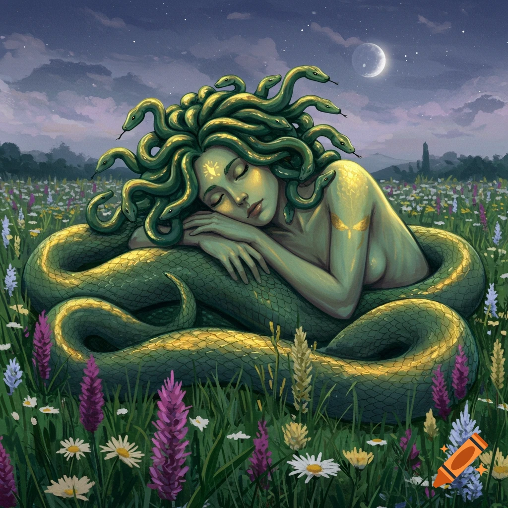A sleeping Medusa curled in a field under a crescent moon.