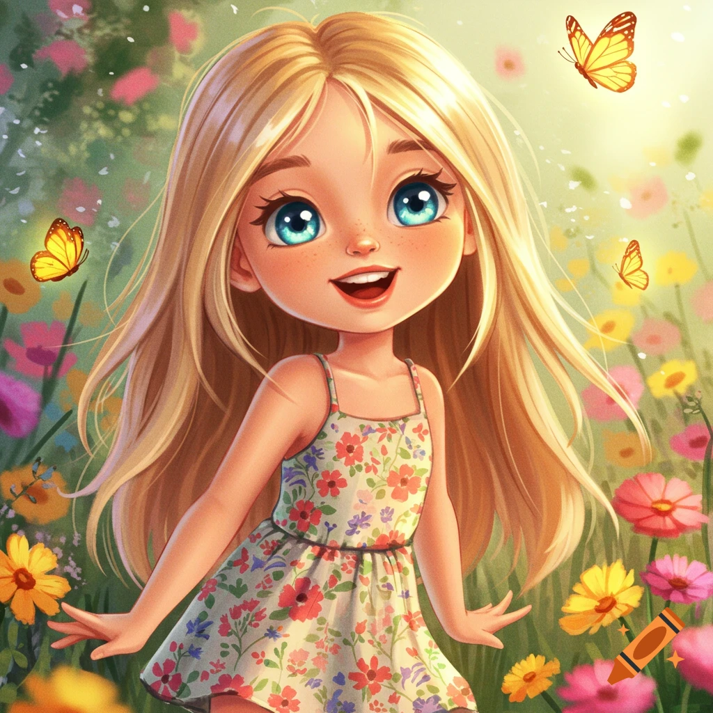 A cute cartoon girl with blonde hair and blue eyes wears a floral dress in a field with butterflies.