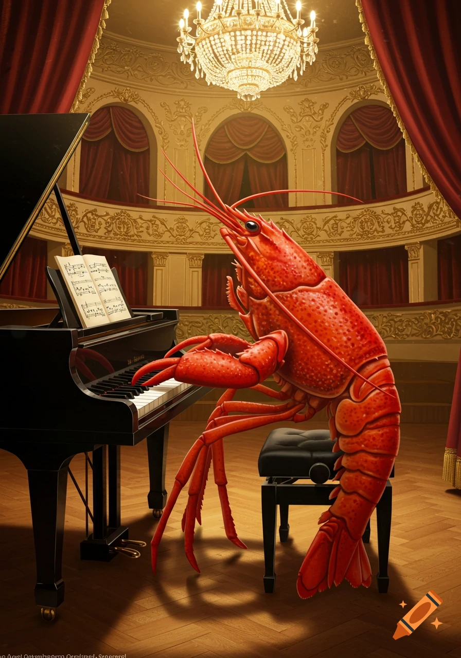 A red lobster playing a grand piano on a theater stage.