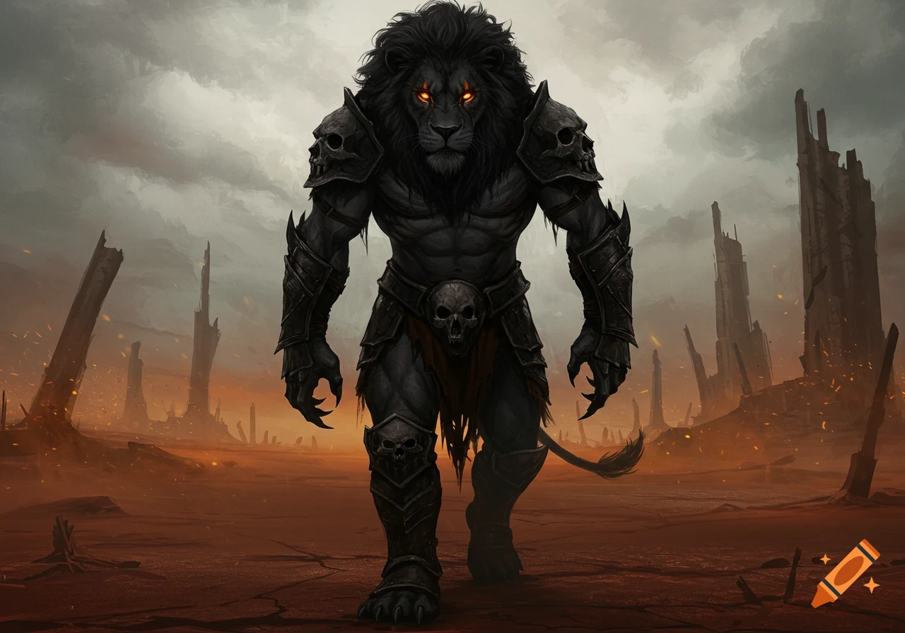 A dark monstrous lion warrior with skull armor walks through an apocalyptic wasteland.