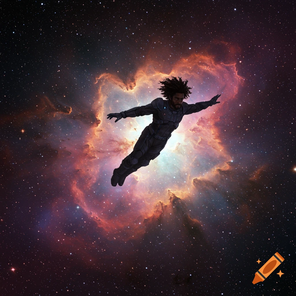 A man in a dark suit flies through space with a heart-shaped nebula behind him.