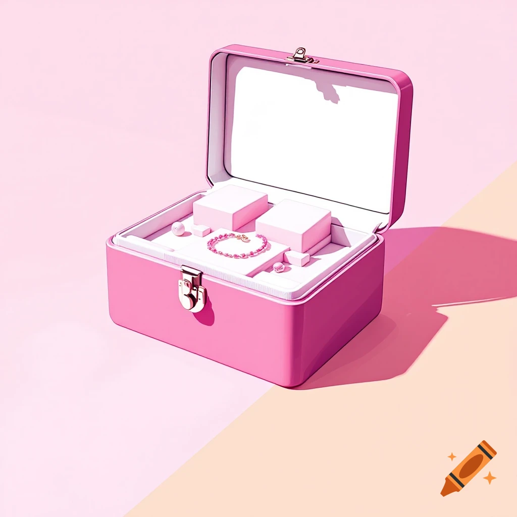 A pink jewelry box containing a pink beaded bracelet and pearl earrings.