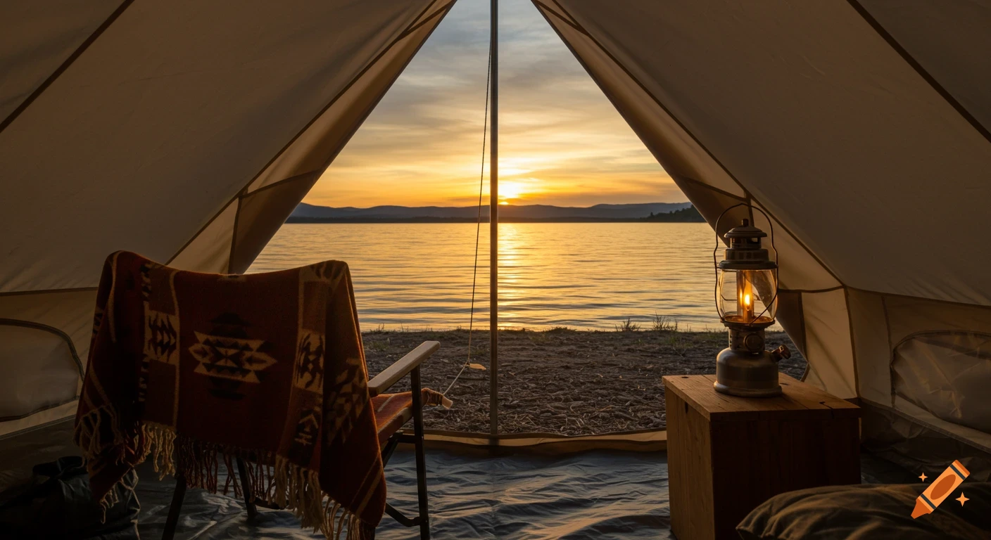 View from inside a tent overlooking a lake at sunset with a chair, blanket, and lantern.