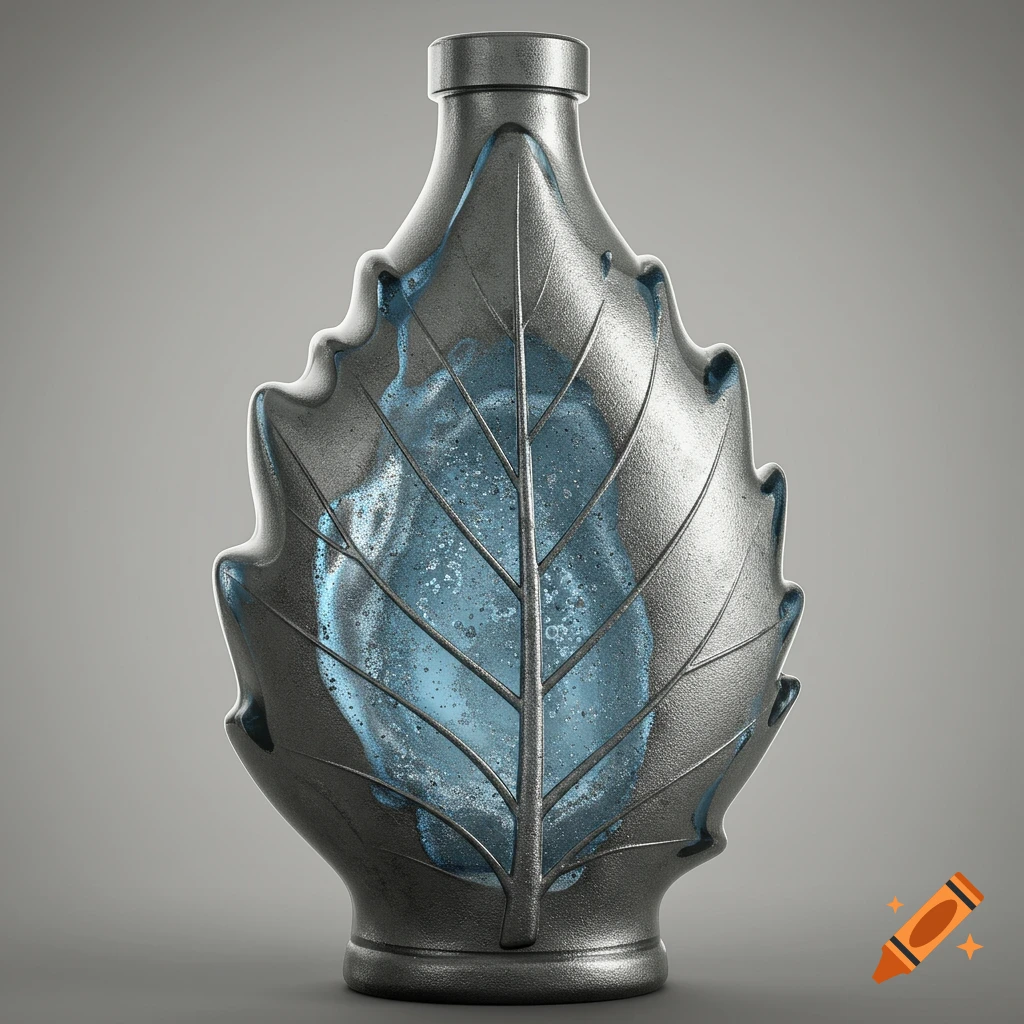 Metallic grey leaf-shaped bottle with bubbly blue liquid inside.