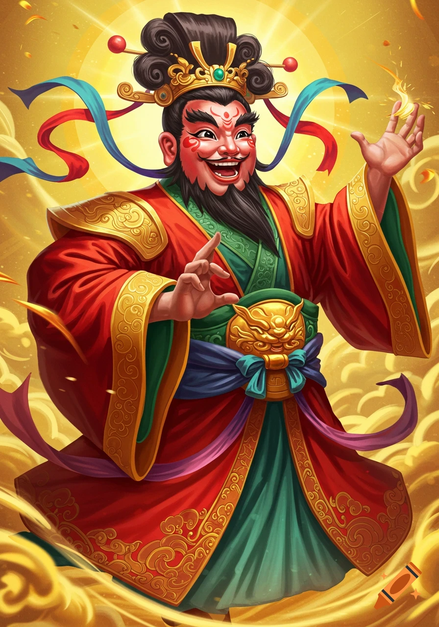 A smiling deity figure in ornate red and green robes with a golden belt and crown, surrounded by golden light and clouds.