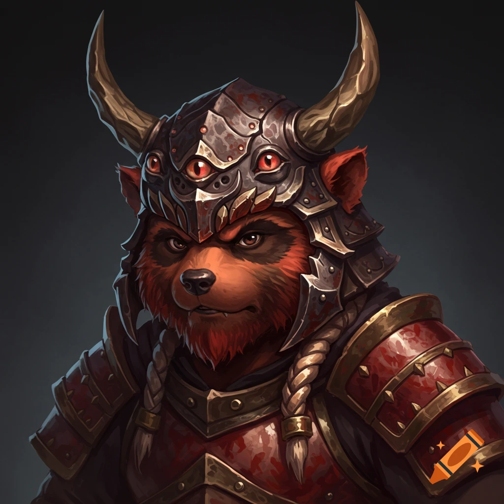 Close-up concept art of a tanuki warrior in horned aberration helmet and red armor.