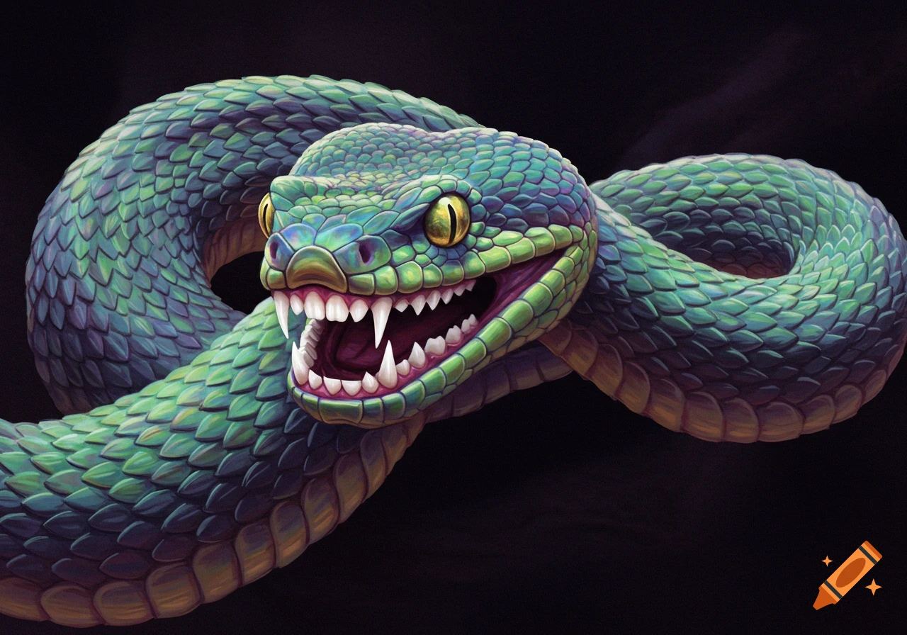 Green and blue snake head with open mouth and human teeth