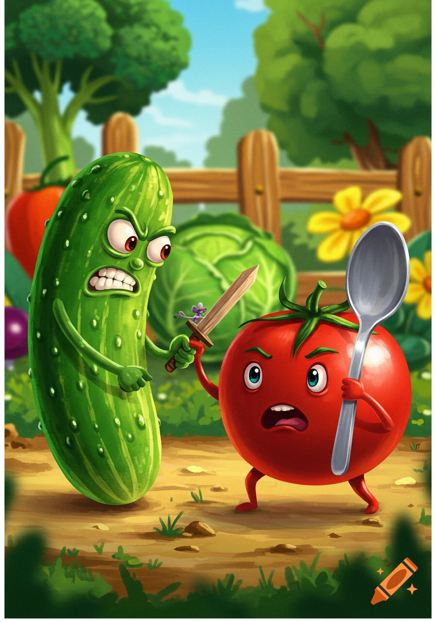 Cartoon cucumber and tomato fighting with sword and spoon in a garden.