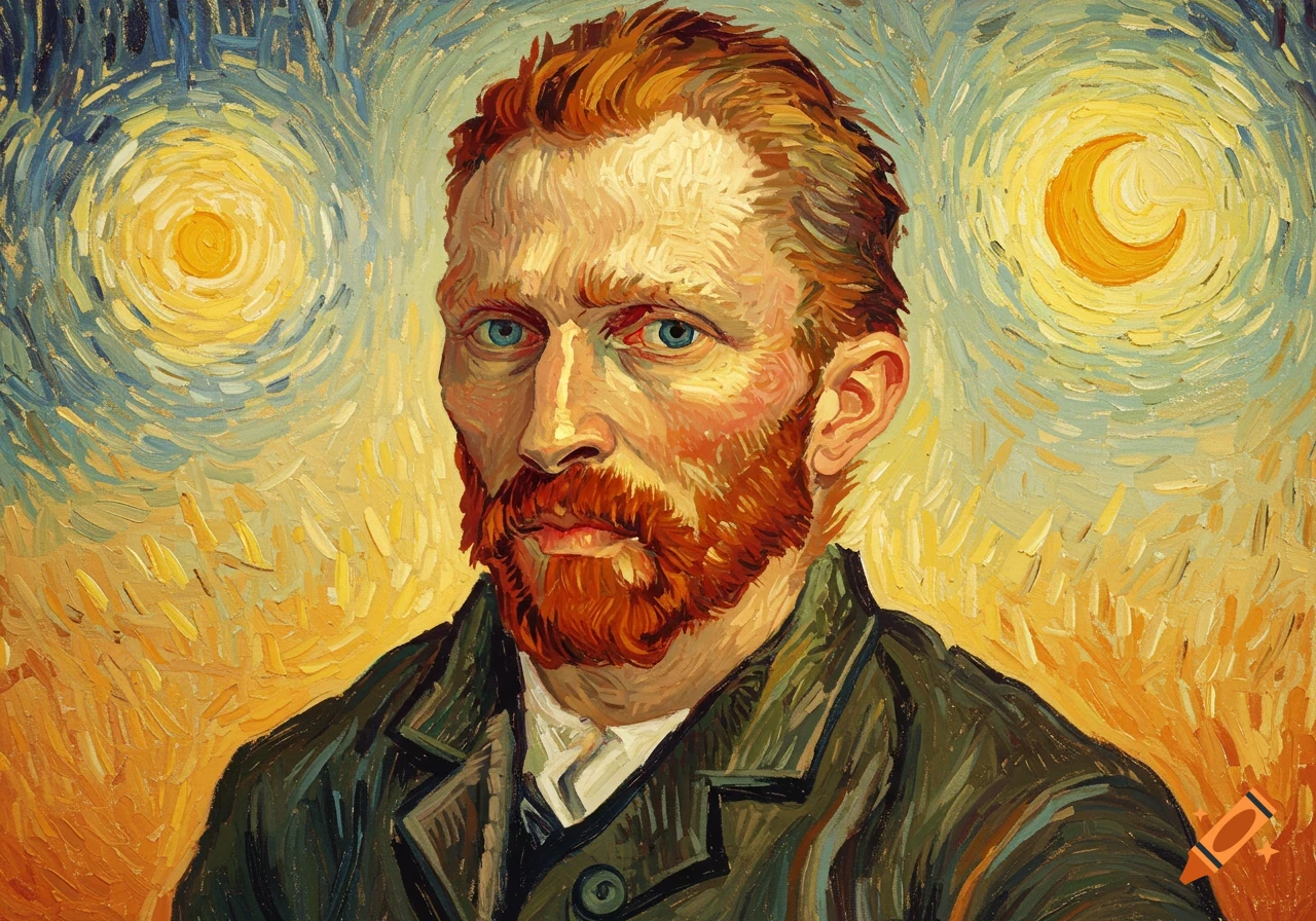 A painted portrait of a man with red hair and beard, in the style of Vincent van Gogh, against a swirling background.