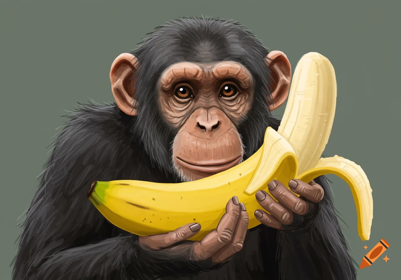 A chimpanzee holding a peeled banana